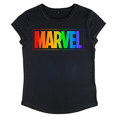 Marvel Kvinnors regnbåge rullad ärm T-shirt, svart, S, svart, S Marvel Kvinnors regnbåge rullad ärm T-shirt, svart, S, svart, S