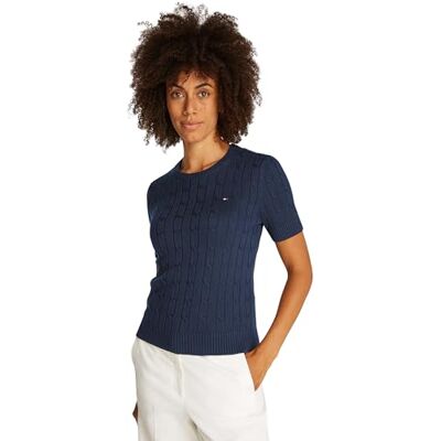 Tommy Hilfiger Dam CO KABEL MID GG SS C-NK SWT WW0WW38744, blå, M, Blå (mörk natt marinblå), M Tommy Hilfiger Dam CO KABEL MID GG SS C-NK SWT WW0WW38744, blå, M, Blå (mörk natt marinblå), M