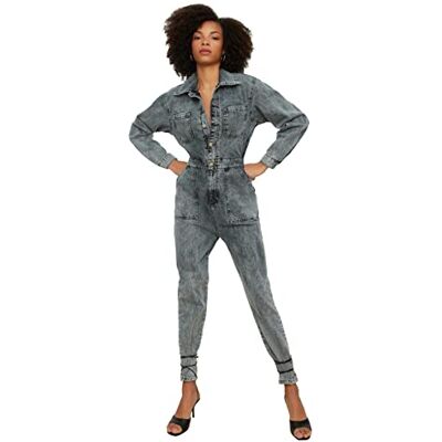 Trendyol kvinnors blå framficka med knappar detaljerad denim overall overaller, BLÅ, 40 Trendyol kvinnors blå framficka med knappar detaljerad denim overall overaller, BLÅ, 40