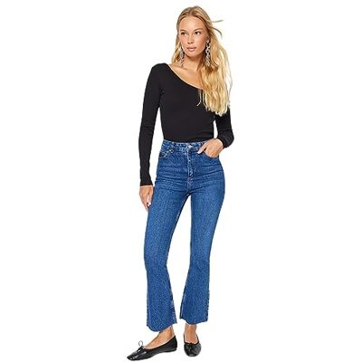 Trendyol dam rak fackla hög midja jeans, Mörkblå, 40 Trendyol dam rak fackla hög midja jeans, Mörkblå, 40