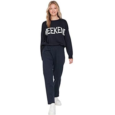 Trendyol Loungewear för kvinnor, normal midja, raka ben, åtsittande byxor, marinblå, XL Trendyol Loungewear för kvinnor, normal midja, raka ben, åtsittande byxor, marinblå, XL
