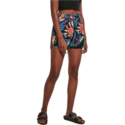 Urban Classics Dam Ladies AOP viskos resort klassiska shorts, svartfruity, L Urban Classics Dam Ladies AOP viskos resort klassiska shorts, svartfruity, L