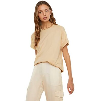 Trendyol Kvinnors beige 100% bomull cykelhalsband pojkvän stickad t-shirt, XS/S Trendyol Kvinnors beige 100% bomull cykelhalsband pojkvän stickad t-shirt, XS/S