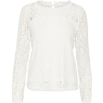 Cream dam Damblus Spets Topp Långärmad Rund Hals Scallop Edge Normal Passform Blus Cream dam Damblus Spets Topp Långärmad Rund Hals Scallop Edge Normal Passform Blus