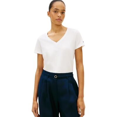Tommy Hilfiger dam Co linne V-Nk Ss Tee WW0WW48704, vit, M Tommy Hilfiger dam Co linne V-Nk Ss Tee WW0WW48704, vit, M