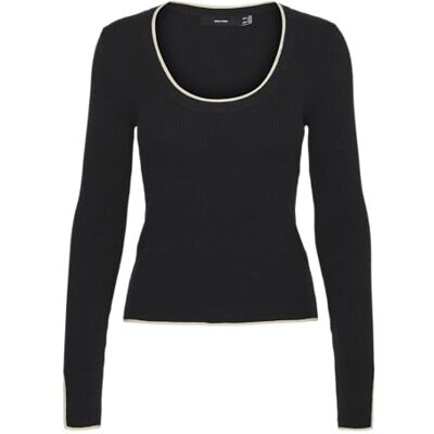 VERO MODA Damer Vmjoan Ls U-hals kort tröja Boo stickad tröja, Svart/detalj: w. Björkkontrast, S VERO MODA Damer Vmjoan Ls U-hals kort tröja Boo stickad tröja, Svart/detalj: w. Björkkontrast, S
