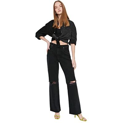 Trendyol Dam svart torn detaljerade hög midja breda ben jeans, svart, 32 SE Trendyol Dam svart torn detaljerade hög midja breda ben jeans, svart, 32 SE