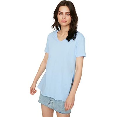 Trendyol Kvinnors blå V-hals asymmetrisk stickad t-shirt, XS Trendyol Kvinnors blå V-hals asymmetrisk stickad t-shirt, XS