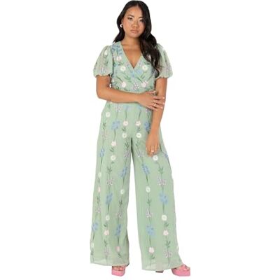 Maya Deluxe damjumpsuit kortärmad v-ringad knytbälte öppen rygg broderat brett ben för bröllop gäst tillfälle, Salviagrön, 14 Maya Deluxe damjumpsuit kortärmad v-ringad knytbälte öppen rygg broderat brett ben för bröllop gäst tillfälle, Salviagrön, 14