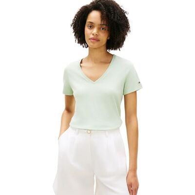 Tommy Hilfiger dam Co linne V-Nk Ss Tee WW0WW48704, grön, XXS Tommy Hilfiger dam Co linne V-Nk Ss Tee WW0WW48704, grön, XXS