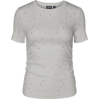 PIECES Pctyler Ss Rhinestone Tee Bc, Ljusgrå melange, S PIECES Pctyler Ss Rhinestone Tee Bc, Ljusgrå melange, S