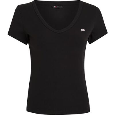 Tommy Jeans dam TJW Slim Essential Rib V SS DW0DW17385BDS002 andra toppar, svart (svart), XS, svart (svart), XS Tommy Jeans dam TJW Slim Essential Rib V SS DW0DW17385BDS002 andra toppar, svart (svart), XS, svart (svart), XS
