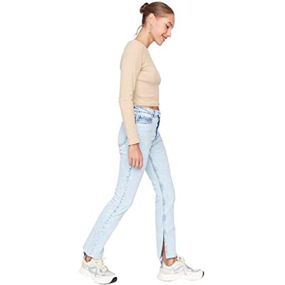 Trendyol Dam petite hög midja raka ben utsvängda jeans, BLÅ, 66 SE Trendyol Dam petite hög midja raka ben utsvängda jeans, BLÅ, 66 SE