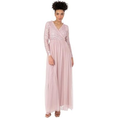 Maya Deluxe Dam maxiklänning damer utsmyckad wrap tyll luftig V-ringad långärmad för bröllop gäst brudtärna bal klänning, frostad rosa, 16, Frostad rosa, 42 SE Maya Deluxe Dam maxiklänning damer utsmyckad wrap tyll luftig V-ringad långärmad för bröllop gäst brudtärna bal klänning, frostad rosa, 16, Frostad rosa, 42 SE