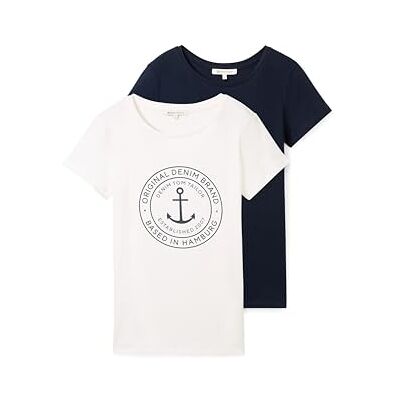 TOM TAILOR Denim dam basic t-shirt i dubbelpack, 10668 – himmelskaptensblå, XS TOM TAILOR Denim dam basic t-shirt i dubbelpack, 10668 – himmelskaptensblå, XS
