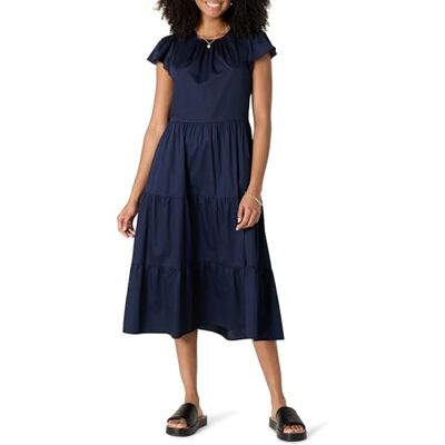 Amazon Essentials dam avslappnad passform bomull satin rund hals tiered midi-klänning, Marinblått Xsp, XS Amazon Essentials dam avslappnad passform bomull satin rund hals tiered midi-klänning, Marinblått Xsp, XS