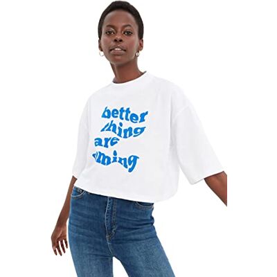 Trendyol Dam avslappnad basic rundhalsad stickad T-shirt, Vitt, M Trendyol Dam avslappnad basic rundhalsad stickad T-shirt, Vitt, M