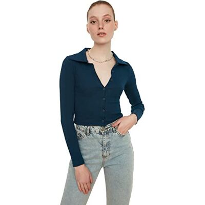 Trendyol Kvinnors indigo-knapp detaljerad repor stickad blus blus, medium Trendyol Kvinnors indigo-knapp detaljerad repor stickad blus blus, medium
