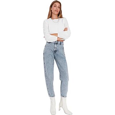 Trendyol Kvinna hög midja raka ben avslappnade jeans, blå, 34 SE Trendyol Kvinna hög midja raka ben avslappnade jeans, blå, 34 SE