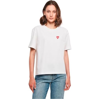 Tee damer Très Cool T-shirt – överdimensionerad passform, kortärmad, bomull, litet hjärttryck detalj på bröstet, löst snitt, vit Tee damer Très Cool T-shirt – överdimensionerad passform, kortärmad, bomull, litet hjärttryck detalj på bröstet, löst snitt, vit
