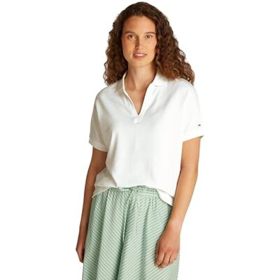 Tommy Hilfiger Dam LYOCELL OPEN-NK AVSLAGAD POLO SS WW0WW44512, vit, XXL, Vit (Ecru), XXL Tommy Hilfiger Dam LYOCELL OPEN-NK AVSLAGAD POLO SS WW0WW44512, vit, XXL, Vit (Ecru), XXL