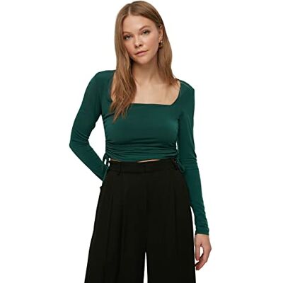 Trendyol Dam figursydd fyrkantig krage stickad blus, Smaragdgrönt, XL Trendyol Dam figursydd fyrkantig krage stickad blus, Smaragdgrönt, XL
