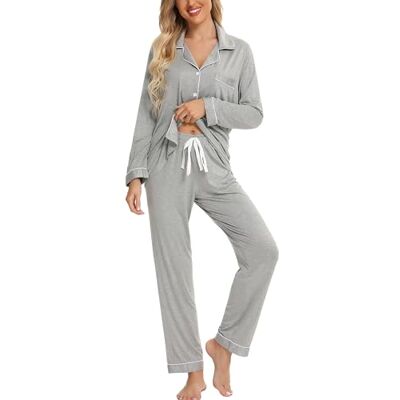 Leikar Pyjamas-set med knäppning för kvinnor, långärmad skjorta och mjuka pyjamasbyxor, Sexton om grå, L Leikar Pyjamas-set med knäppning för kvinnor, långärmad skjorta och mjuka pyjamasbyxor, Sexton om grå, L