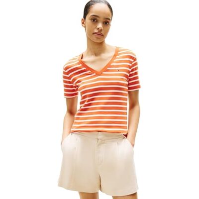 Tommy Hilfiger kortärmad t-shirt för kvinnor, ny smal Cody V-ringad, Orange (klassisk bretonorange/ecu), XXS Tommy Hilfiger kortärmad t-shirt för kvinnor, ny smal Cody V-ringad, Orange (klassisk bretonorange/ecu), XXS