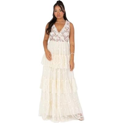 Maya Deluxe maxiklänning för kvinnor ärmlös v-ringad lindad volang paljett utsmyckad broderad tyll A-linje balklänning, Ecru, 48 Maya Deluxe maxiklänning för kvinnor ärmlös v-ringad lindad volang paljett utsmyckad broderad tyll A-linje balklänning, Ecru, 48