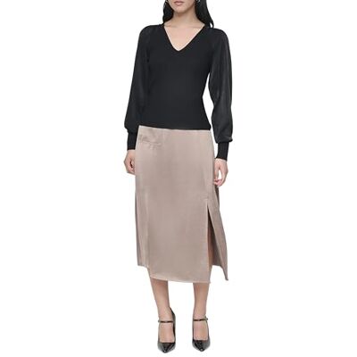 DKNY , Kvinnors L/S Mix Media V NCK, BLK/svart, M, svart, S DKNY , Kvinnors L/S Mix Media V NCK, BLK/svart, M, svart, S