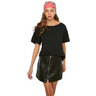 Trendyol Dam Basics pojkvän basic asymmetrisk krage stickad T-shirt svart, Svart, S Trendyol Dam Basics pojkvän basic asymmetrisk krage stickad T-shirt svart, Svart, S