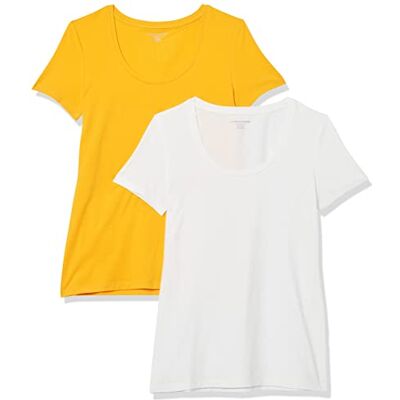 Amazon Essentials dam klassisk passform kortärmad rund hals t-shirt (finns i plusstorlek), paket med 2, vit/guldgul, Large Amazon Essentials dam klassisk passform kortärmad rund hals t-shirt (finns i plusstorlek), paket med 2, vit/guldgul, Large