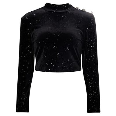 LEOMIA Sammets-t-shirt för kvinnor med glitter, svart, L LEOMIA Sammets-t-shirt för kvinnor med glitter, svart, L