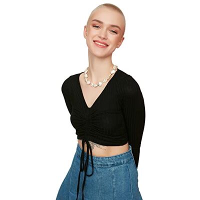 Trendyol Kvinnors Black Linking Detailed stickad blus, M Trendyol Kvinnors Black Linking Detailed stickad blus, M