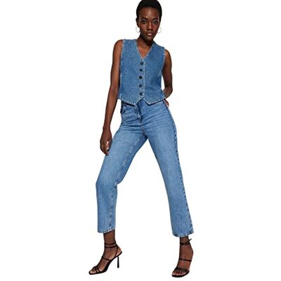 Trendyol Dam hög midja ben raka jeans byxor, BLÅ, 34 SE Trendyol Dam hög midja ben raka jeans byxor, BLÅ, 34 SE