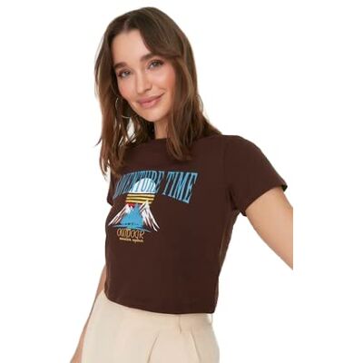 Trendyol Dam vanlig basic rundhalsad stickad T-shirt, Brun, S Trendyol Dam vanlig basic rundhalsad stickad T-shirt, Brun, S