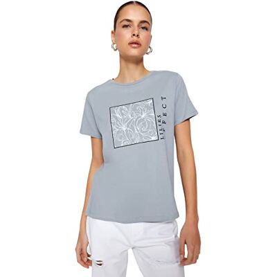 Trendyol Dam vanlig basic rundhalsad stickad T-shirt, Grått, XS Trendyol Dam vanlig basic rundhalsad stickad T-shirt, Grått, XS