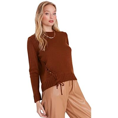 Trendyol Dam vanlig basic rundhalsad stickad tröja, Brun, S Trendyol Dam vanlig basic rundhalsad stickad tröja, Brun, S