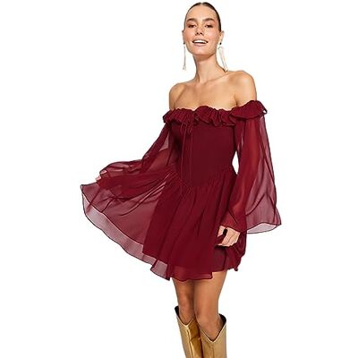 Trendyol Dam Mini Skater Regular Fit Weaving Dress Klänning, Bourgogne, 38 Trendyol Dam Mini Skater Regular Fit Weaving Dress Klänning, Bourgogne, 38