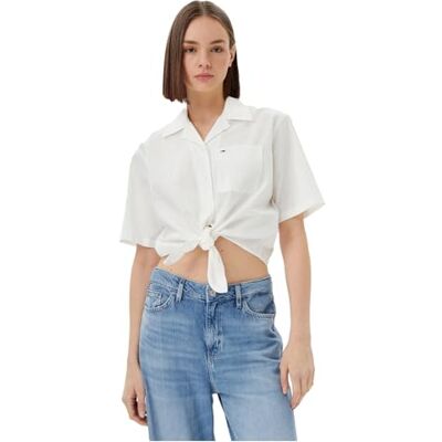 Tommy Jeans dam TJW CRP LINEN SS SHIRT S/S skjorta, vit, M, Vit (Ecru), M Tommy Jeans dam TJW CRP LINEN SS SHIRT S/S skjorta, vit, M, Vit (Ecru), M