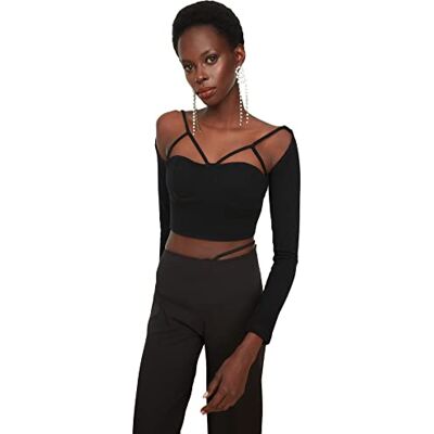 Trendyol Kvinnors Black Bias Detailed Blus, 38 Trendyol Kvinnors Black Bias Detailed Blus, 38