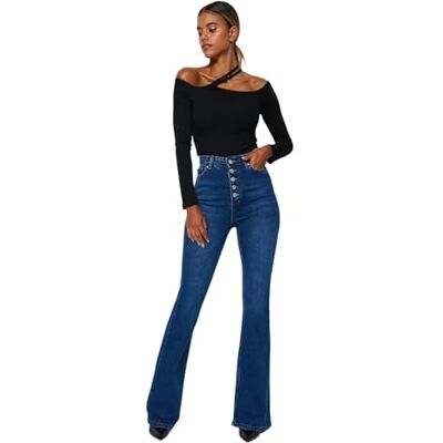 Trendyol Dam normal midja utsvängda ben utsvängda jeans, BLÅ, 68 SE Trendyol Dam normal midja utsvängda ben utsvängda jeans, BLÅ, 68 SE