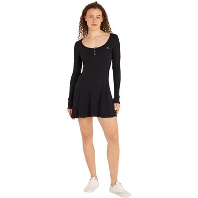 Tommy Jeans Dam Tjw Henley Flare klänning, Svart, L Tommy Jeans Dam Tjw Henley Flare klänning, Svart, L