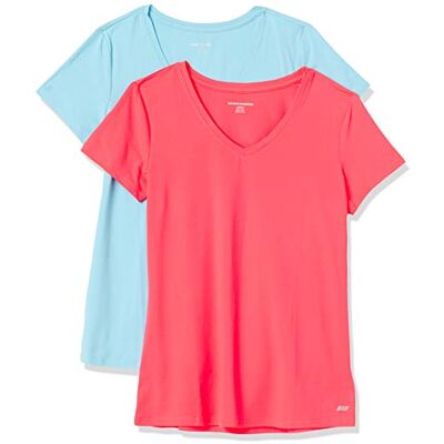 Amazon Essentials Dames Tech stretchig kortärmad V-ringad T-shirt (finns i plusstorlek), 2-Pack, Blå/Neonrosa, L Amazon Essentials Dames Tech stretchig kortärmad V-ringad T-shirt (finns i plusstorlek), 2-Pack, Blå/Neonrosa, L