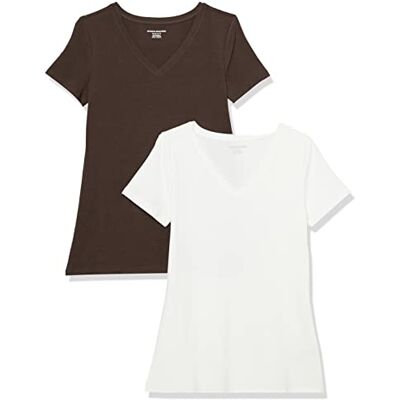 Amazon Essentials Women's Kortärmad V-ringad T-shirt klassisk passform, Pack of 2, Espresso/Vit, S Amazon Essentials Women's Kortärmad V-ringad T-shirt klassisk passform, Pack of 2, Espresso/Vit, S