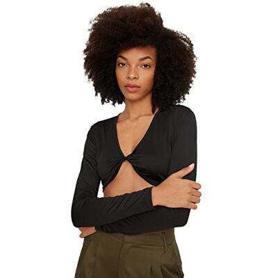 Trendyol Kvinnors Black deollete Detailed Crop stickad blus, L Trendyol Kvinnors Black deollete Detailed Crop stickad blus, L