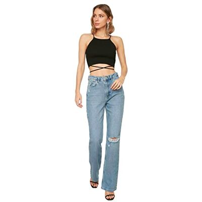 Trendyol Jeans Hög Midja Flockande Ben Jeans för Kvinnor, Blå, 40 Trendyol Jeans Hög Midja Flockande Ben Jeans för Kvinnor, Blå, 40