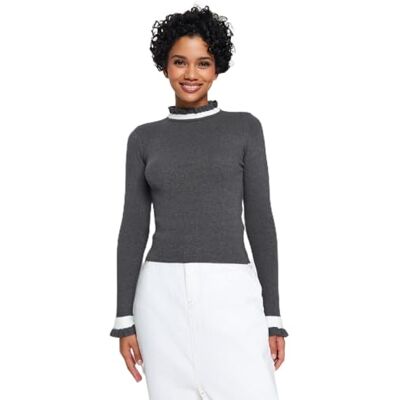 Trendyol FeMan Slim Fit Basic Stående krage Stickad tröja, Antracit, S, Antracit, S Trendyol FeMan Slim Fit Basic Stående krage Stickad tröja, Antracit, S, Antracit, S