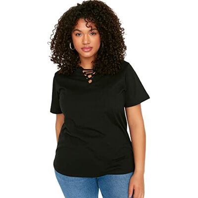 Trendyol Dam plus size normal standard v-hals vävd plusstorlek T-shirt svart, Svart, 6XL Stor Trendyol Dam plus size normal standard v-hals vävd plusstorlek T-shirt svart, Svart, 6XL Stor