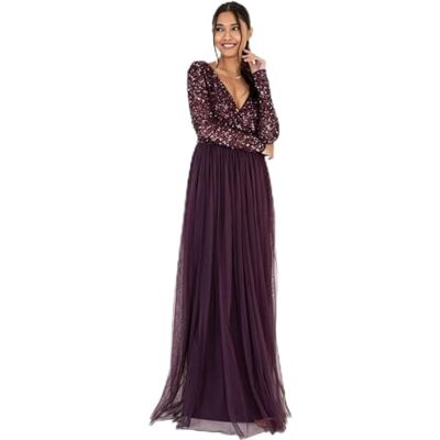 Maya Deluxe dam Ladies Maxi Dress For Women With Long Sleeves V Neckline Plunging Sequin Embellished For Wedding Guest Bridesmaid Prom Klänning Maya Deluxe dam Ladies Maxi Dress For Women With Long Sleeves V Neckline Plunging Sequin Embellished For Wedding Guest Bridesmaid Prom Klänning